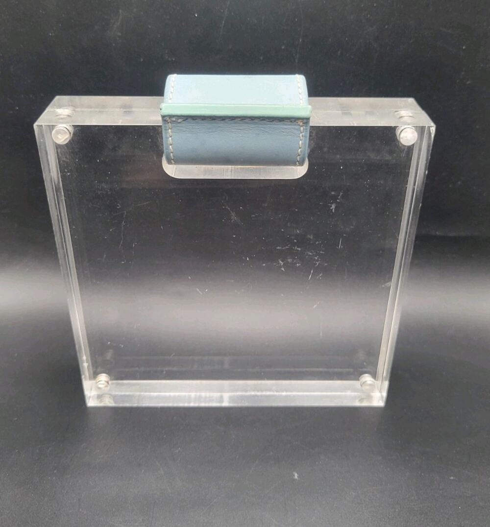 LUCITE Magnetic Frame MCM Vintage Blue Leather loop Solid HTF!
